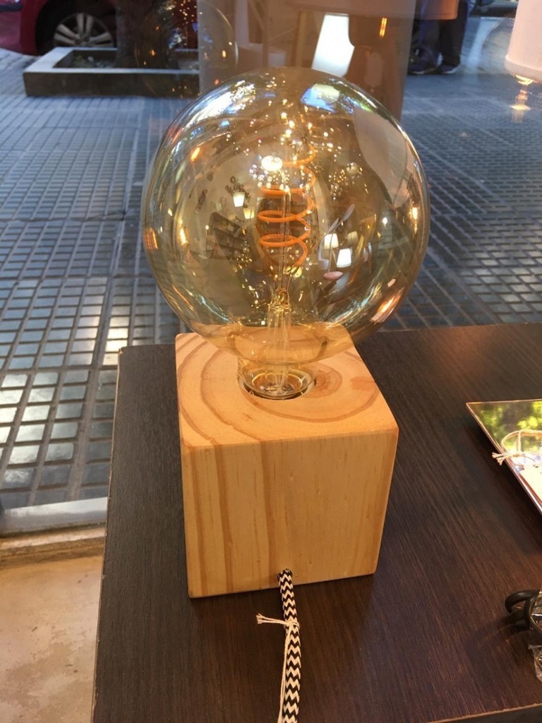 Velador Cuadrado De Madera Natural Con Cable Textil 