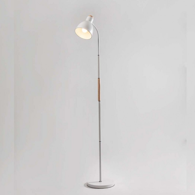 Lampara de pie de hierro con detalles en madera- blanca