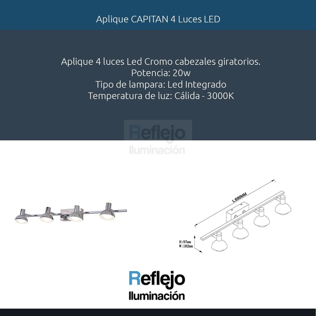 Lampara Pared Aplique 4 Luces Cromo Capitan Candil Cromo 20w