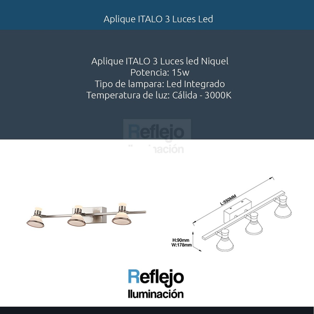 Lampara Pared Aplique 3 Luces Italo Candil Niquel Mate 15w