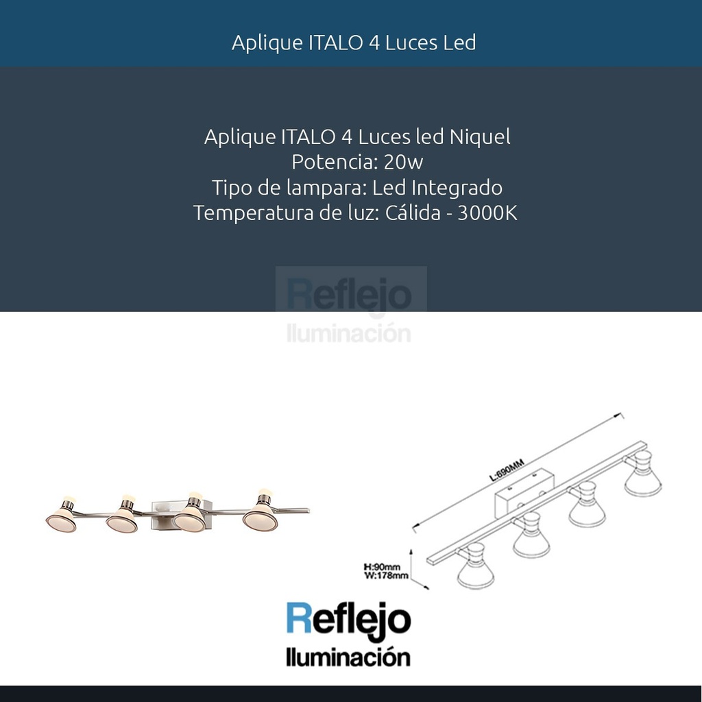 Lampara Pared Aplique 4 Luces Italo Candil Niquel Mate 20w